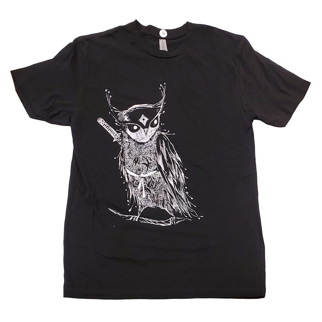 Adult Tee - White Samurai Owl on Black Crew Neck (S - 2XL) by Namu