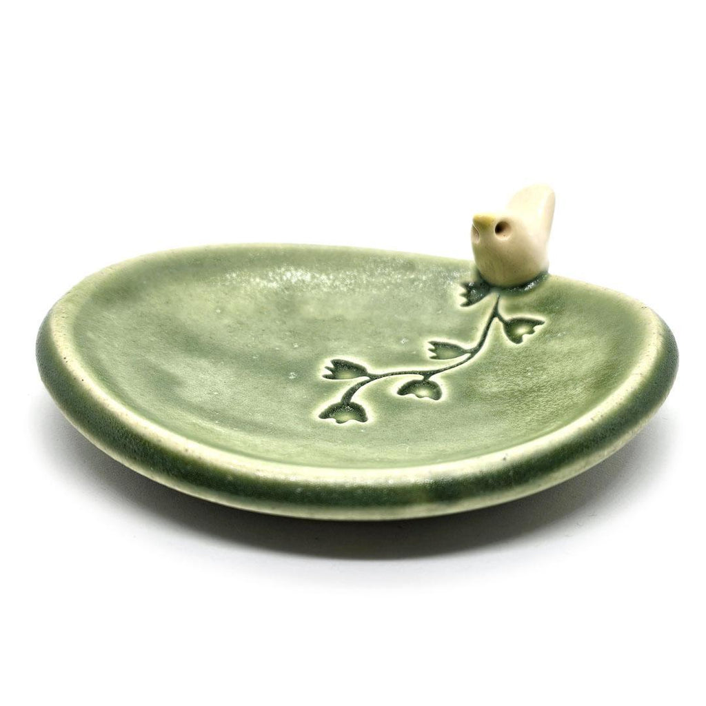 Oval Ring Dish - White Bird with Flowers (Green) by Tasha McKelvey