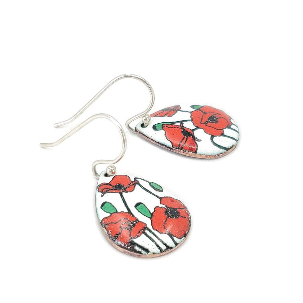 Earrings - Red Poppies Small Teardrop (White) by Magpie Mouse