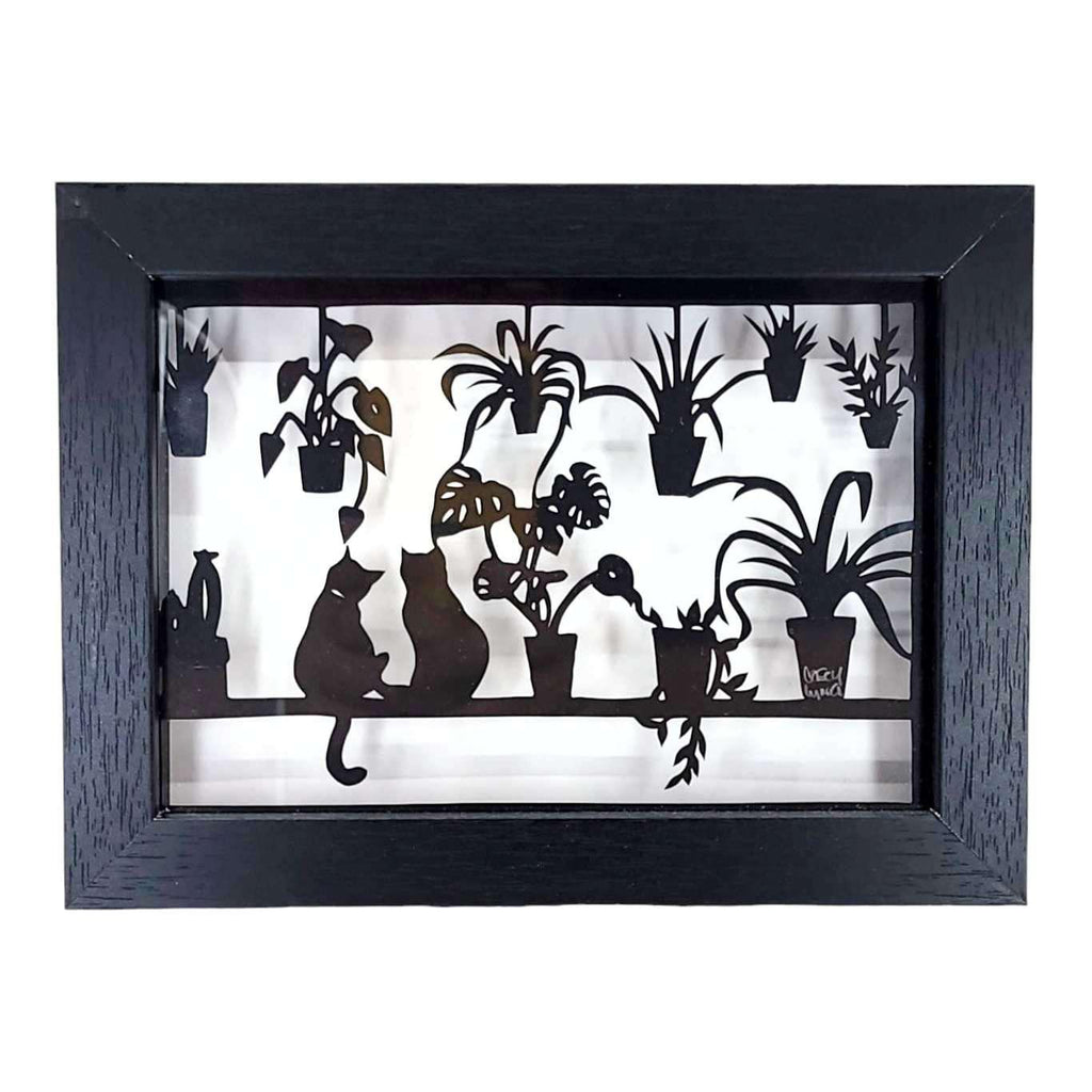 Papercut Shadowbox - 6x8in - Cats and Plants by Squirrel Tacos Papercuts