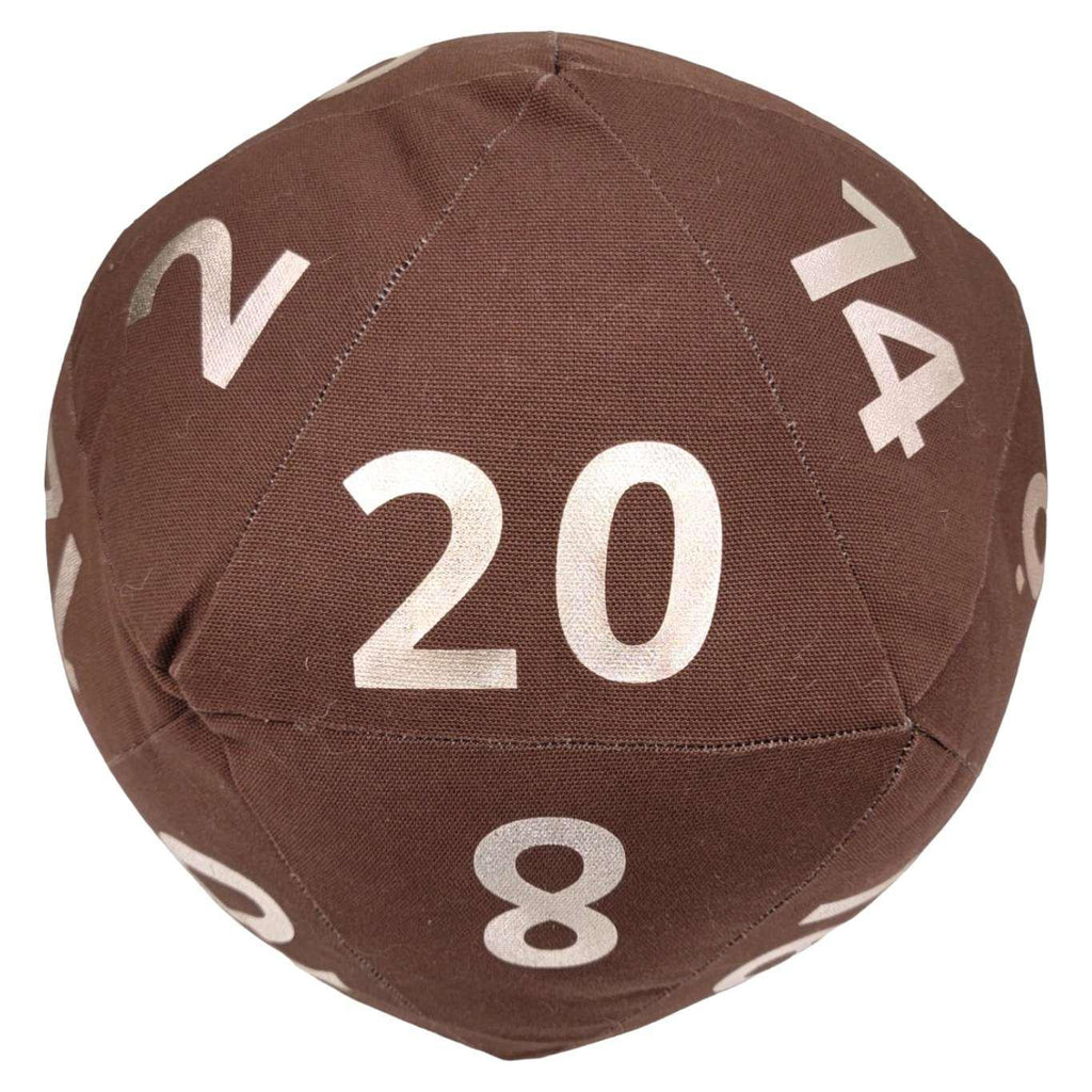 Pillow - Large D20 Plush in Brown Canvas with Silvery Pink Numbers by Saving Throw Pillows