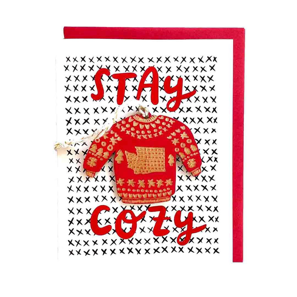 Ornament Card - Stay Cozy WA Red Sweater by SnowMade