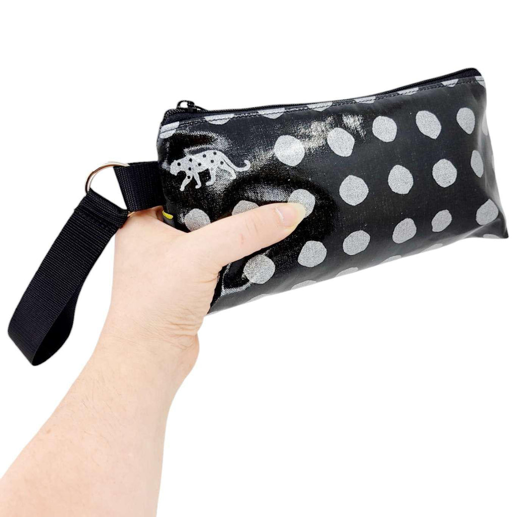 Makeup Bag - Small - Silver Leopard and Dots on Black by Laarni and Tita