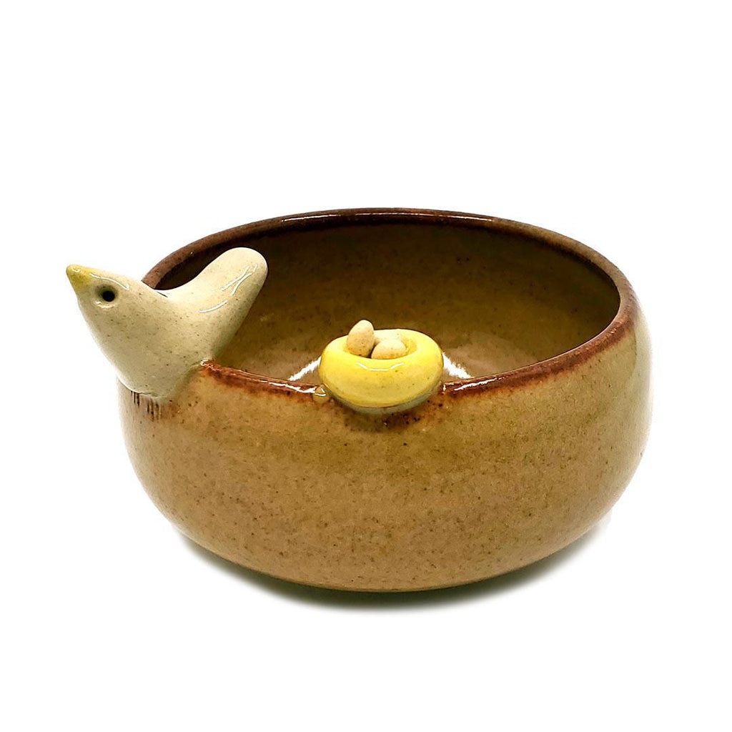 Small Bowl - Shino Brown with Nest (Assorted Bird Colors) by Tasha McKelvey