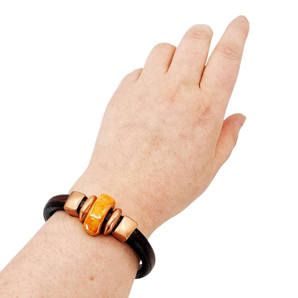 Bracelet - Midnight Sun (Black Leather, Copper, Ceramic) by Diana Kauffman Designs