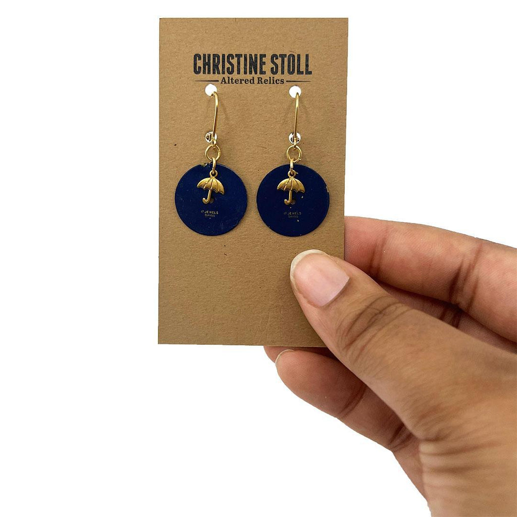 Earrings - Watch Dials - Gold Umbrella on Navy Round (GP Brass) by Christine Stoll