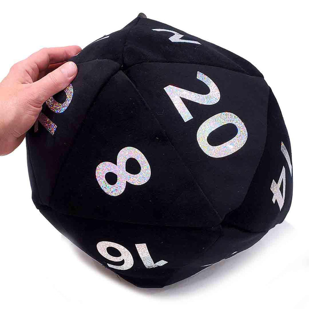 Pillow - Large D20 Plush in Black Velvet with Holographic Numbers by Saving Throw Pillows