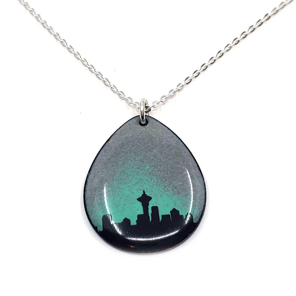 Necklace - Teardrop Seattle Skyline (Gray Turquoise) by Magpie Mouse Studios
