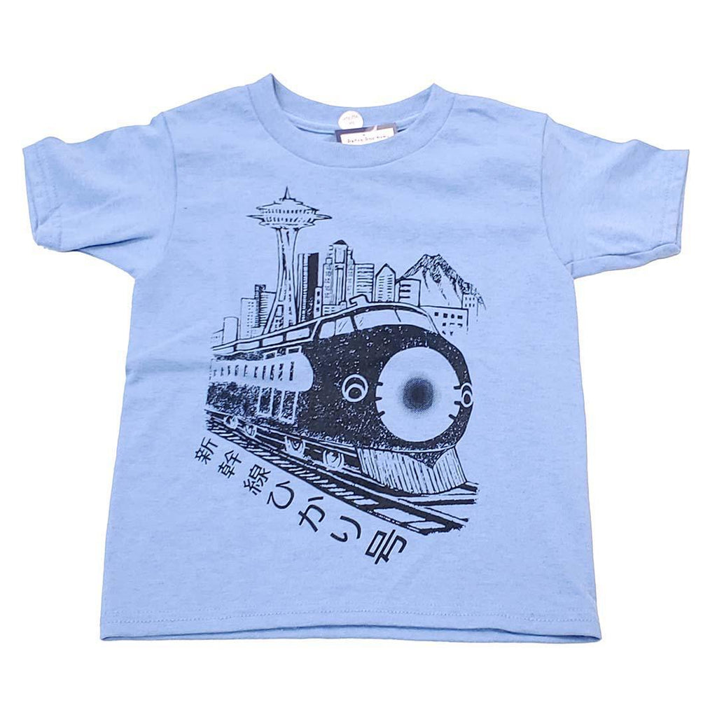 Kids Tee - Shinkansen Bullet Train on Light Blue Crewneck Tee (Youth XS - XL) by Namu