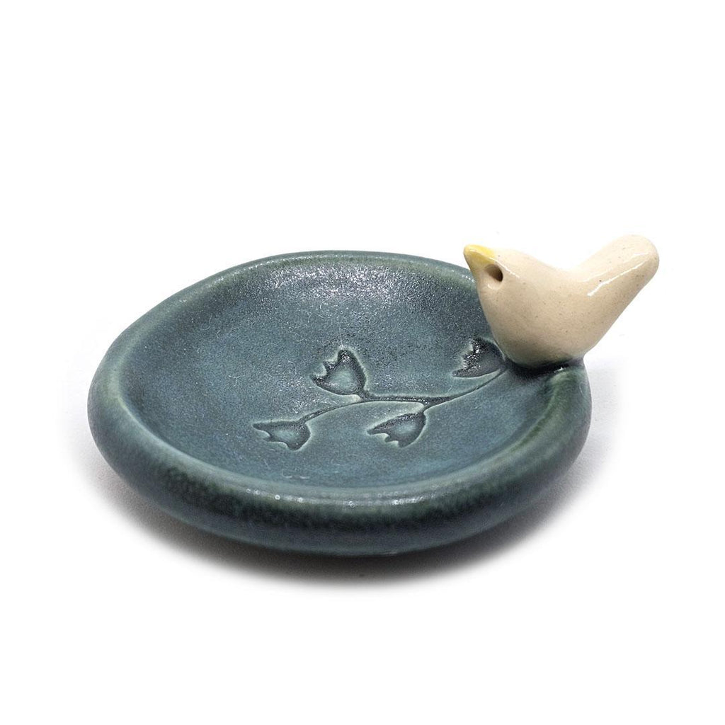 Round Ring Dish - White Bird with Flowers (Small Dark Teal) by Tasha McKelvey