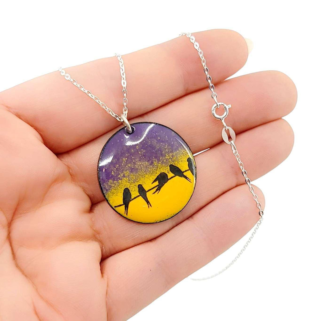 Necklace - Birds on Wire with Purple and Orange Background by Magpie Mouse Studios