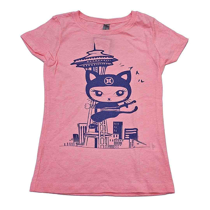 Kids Tee - Ninja Kitty on Space Needle Purple on Pink Fitted Tee by Namu