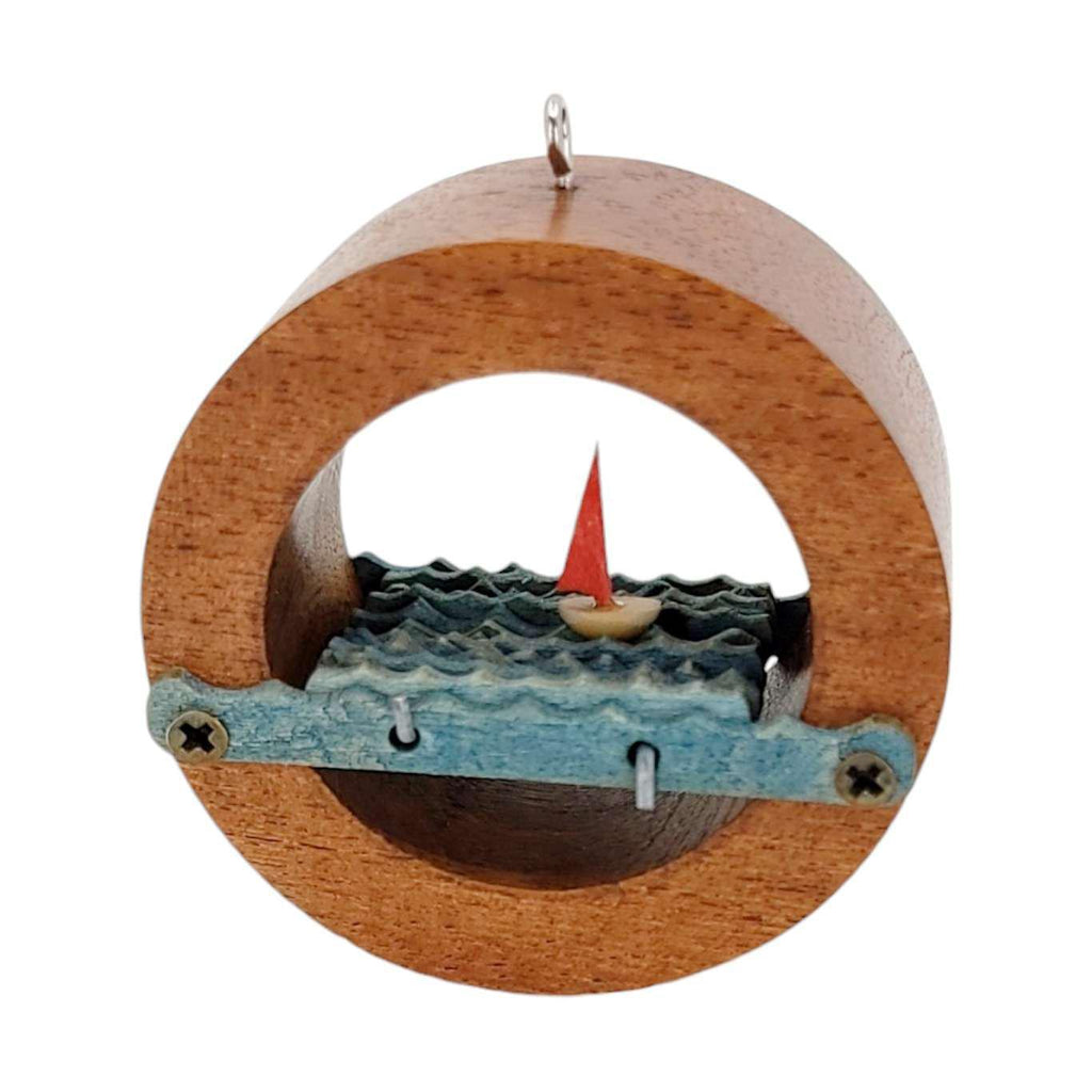 Kinetic Ornament - Hand Cranked Wooden Sailboat Circle by Cartoon Monster