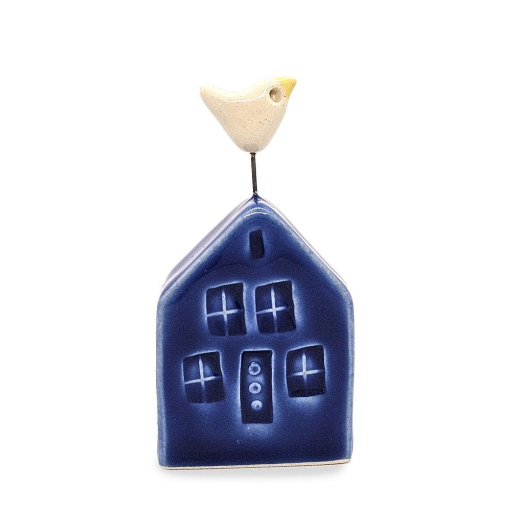 Tiny Pottery House - Dark Blue with Bird (White) by Tasha McKelvey