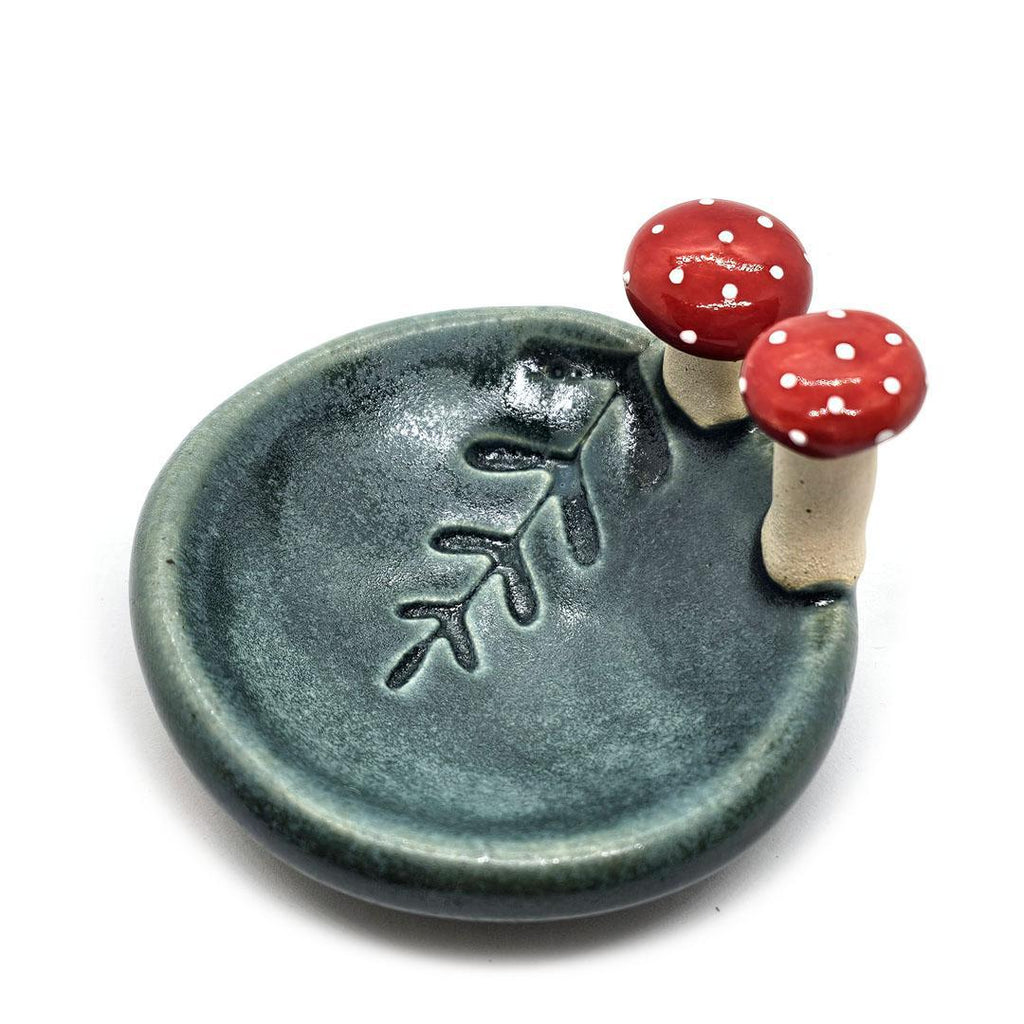 Round Ring Dish - Red Mushrooms Fern Fronds (Small Dark Teal) by Tasha McKelvey