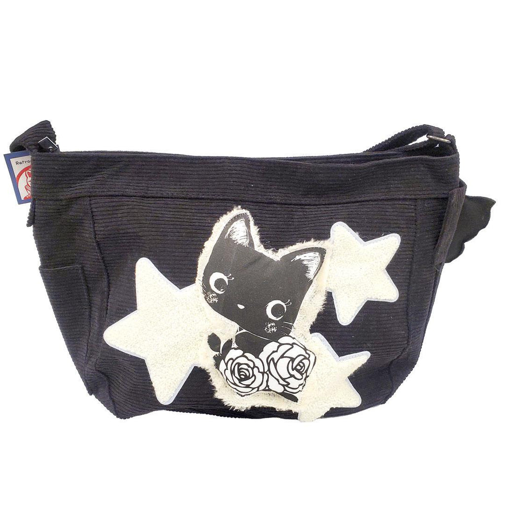 Shoulder Bag - Cat Flowers Stars with Geisha Friend on Black Corduroy by Namu