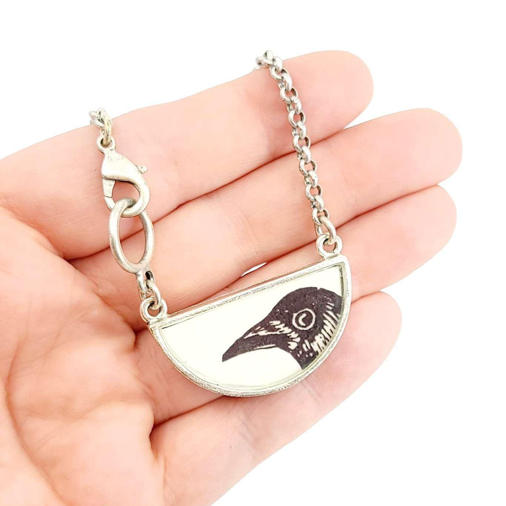 Necklace - Crow Half-Round Resin Silver by Christine Stoll |Altered Relics