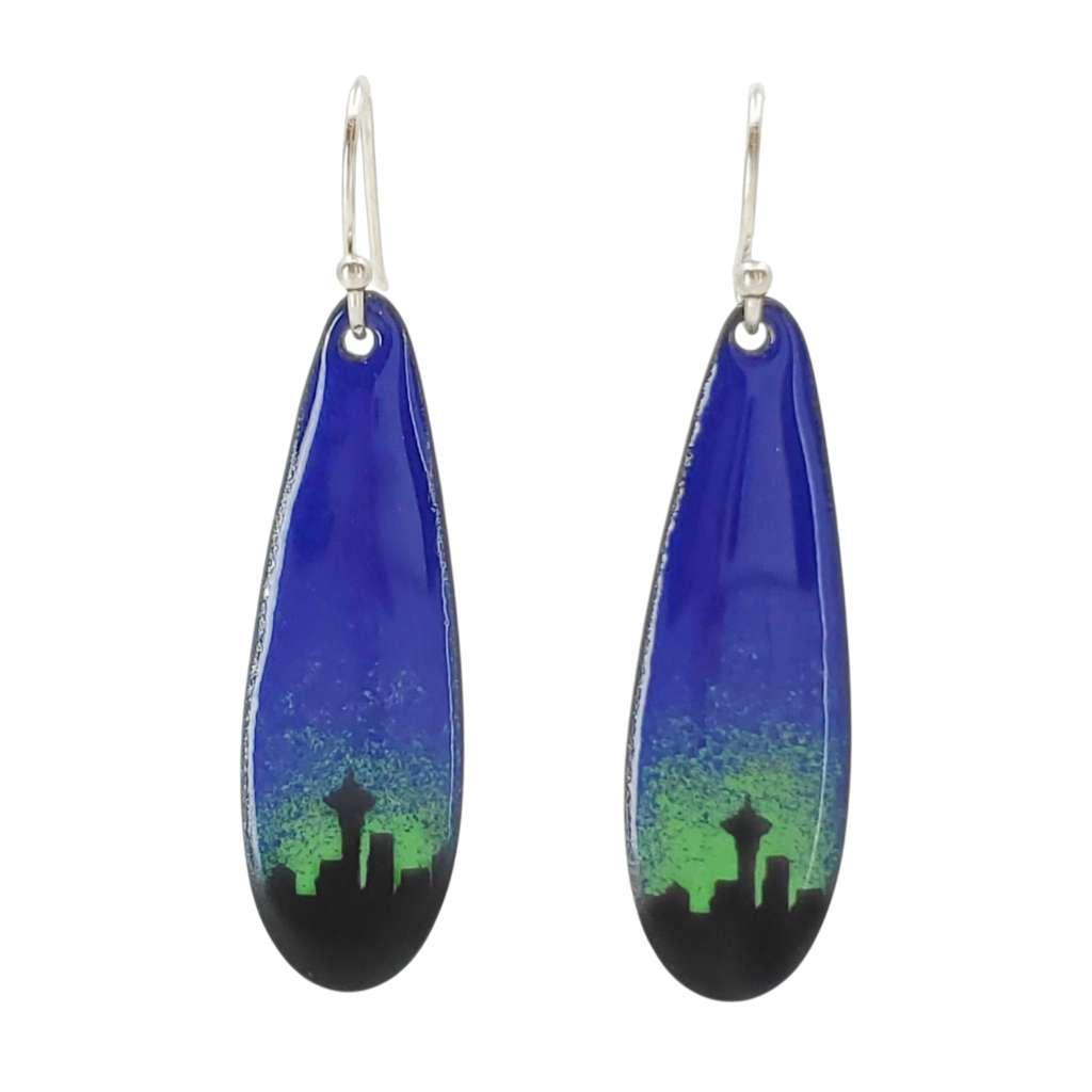 Earrings - Long Teardrop (Seattle Skyline on Dark Blue & Hunter Green) by Magpie Mouse Studios