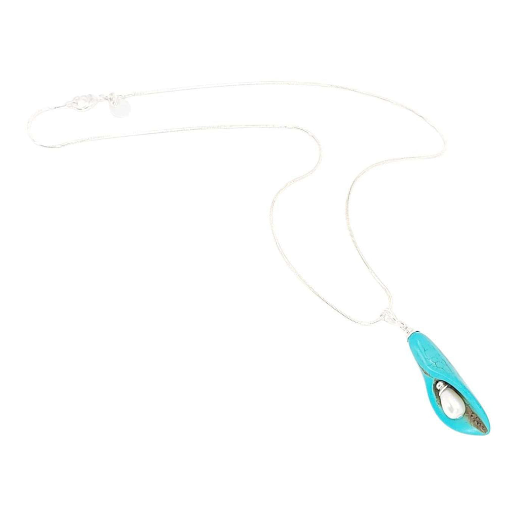 Necklace - Single Pearl Peace Lily Pendant (Howlite, Pearl, Silver Fill) by Tiny Aloha