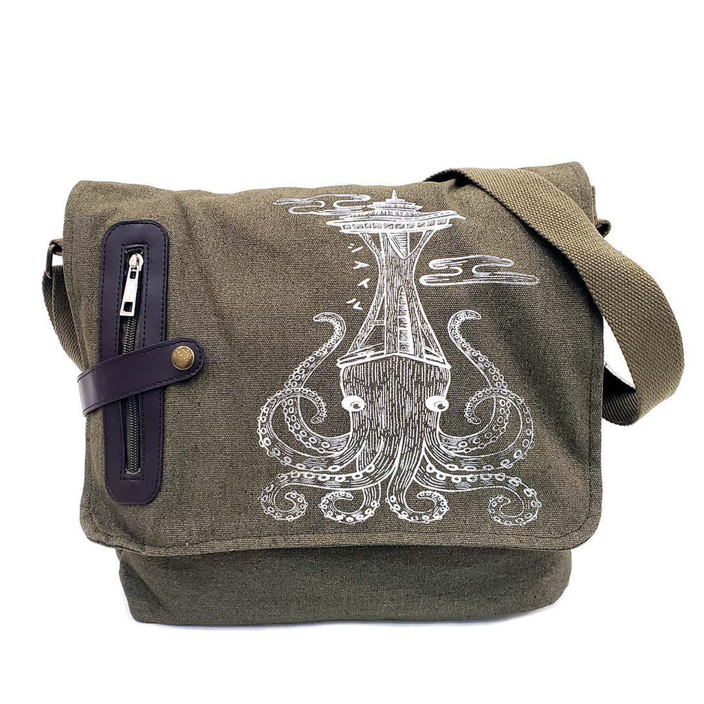 Laptop Bag - White Seattle Octopus on Olive Bag by Namu