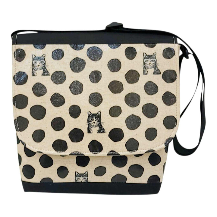 Messenger Bag - Reinforced Tall - Black Dots & Cats with Glasses by Laarni and Tita