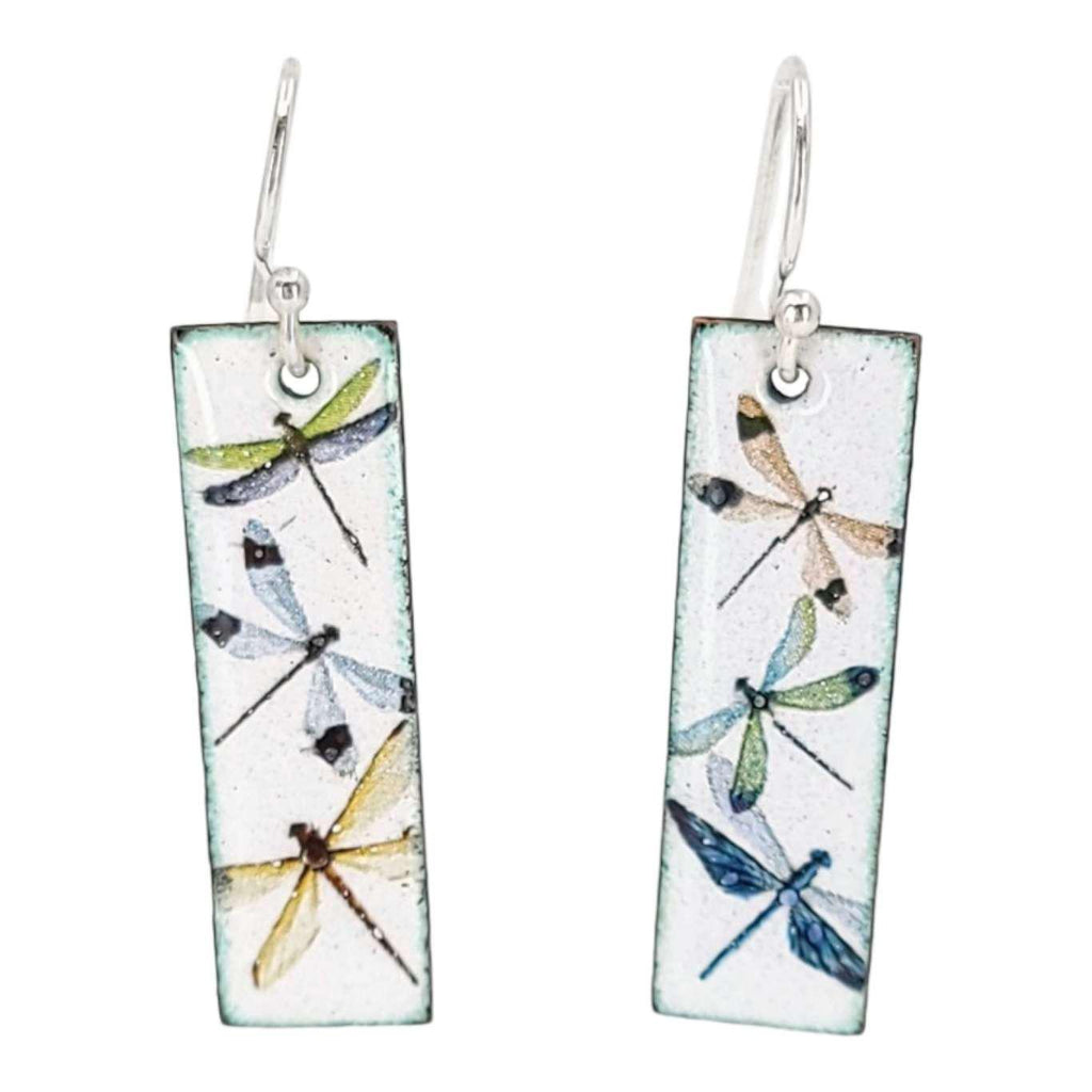 Earrings - Slim Rectangle Dragonflies on White Background by Magpie Mouse Studios