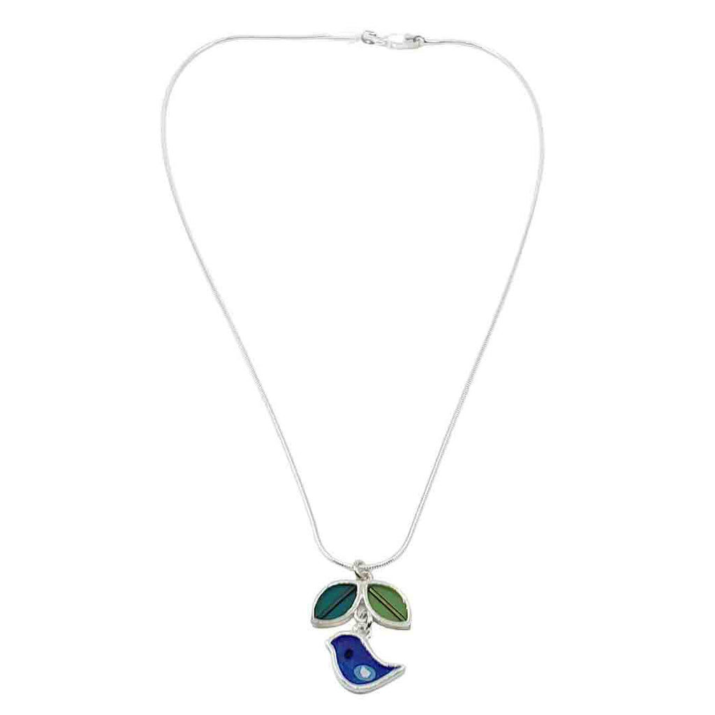 Necklace - Dark Blue Bird with Green Leaves by Happy Art Studio