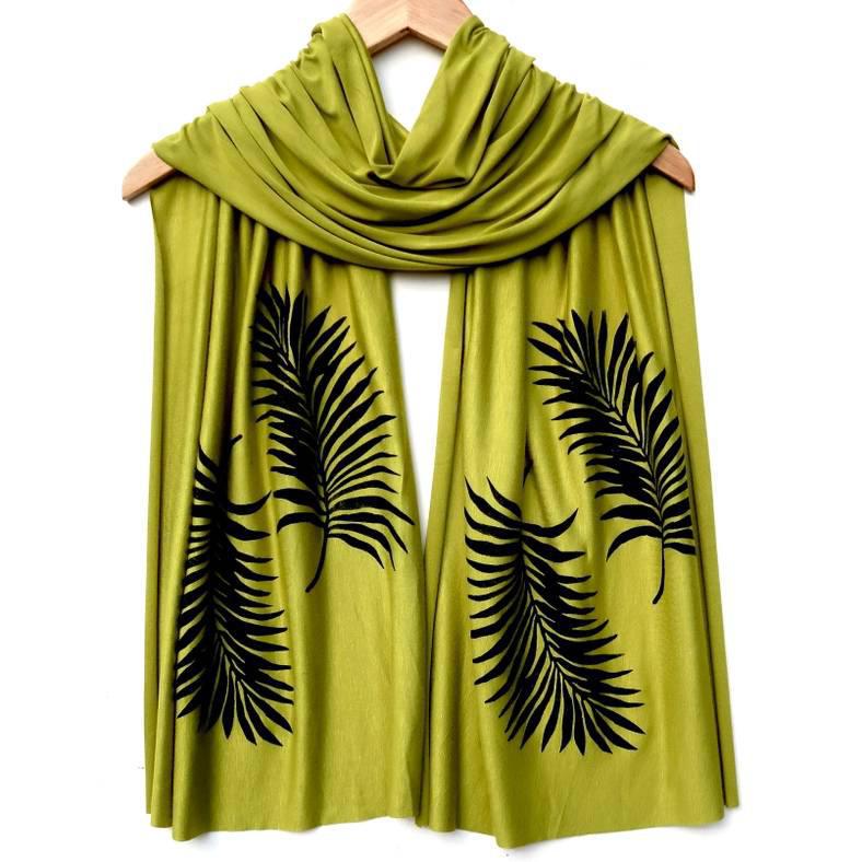 (New) Scarf Wide - Oasis Chartreuse Green Palm Leaf (Black Ink) by Windsparrow Studio