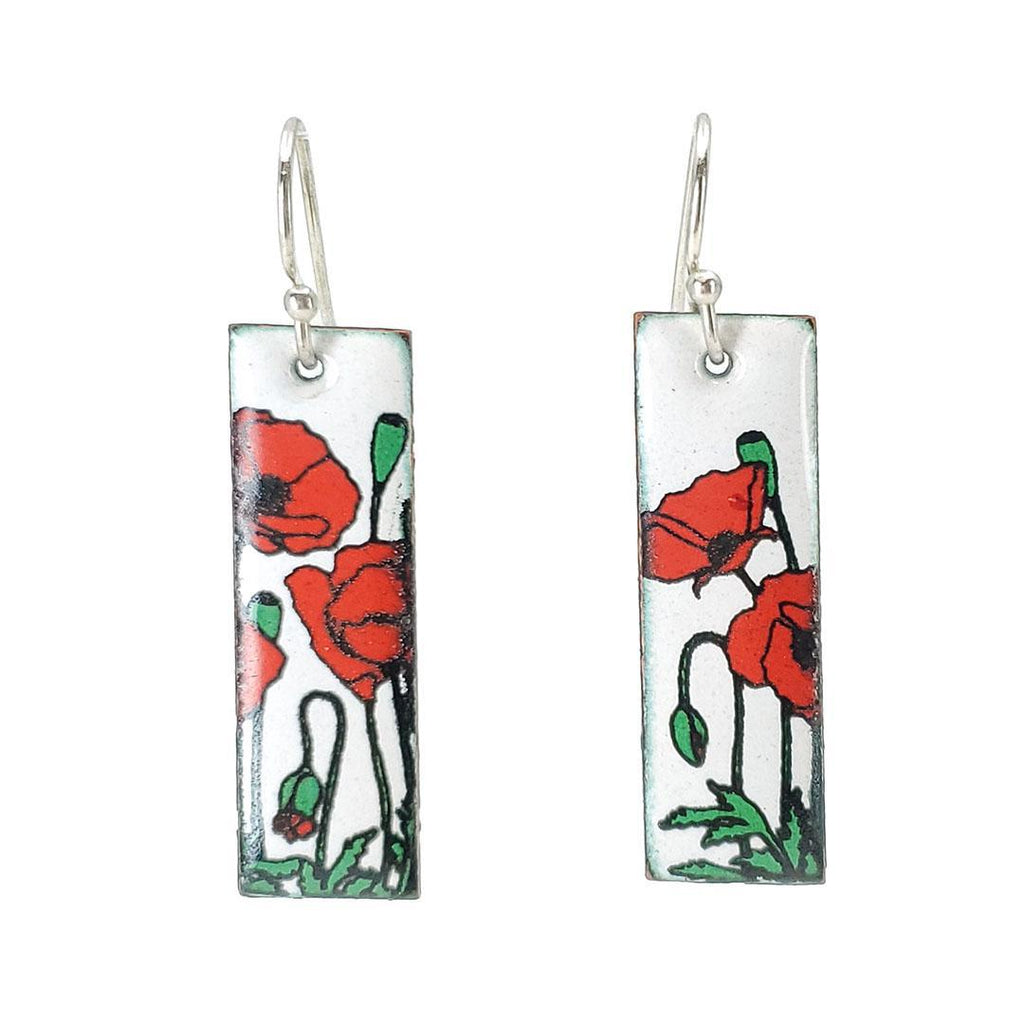 Earrings - Red Poppies Slim Rectangle (White) by Magpie Mouse