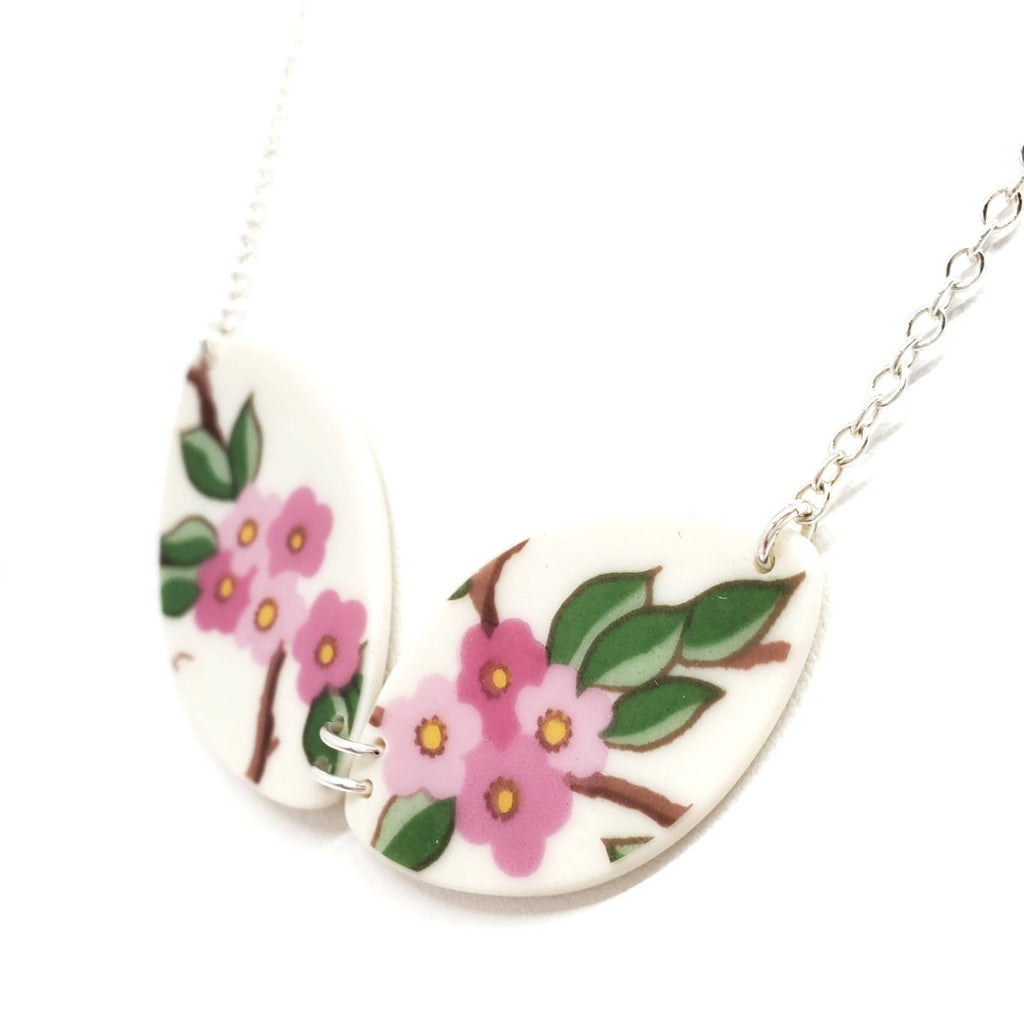 Necklace - Duo Bright Cherry Blossoms Vintage China by Material+Movement