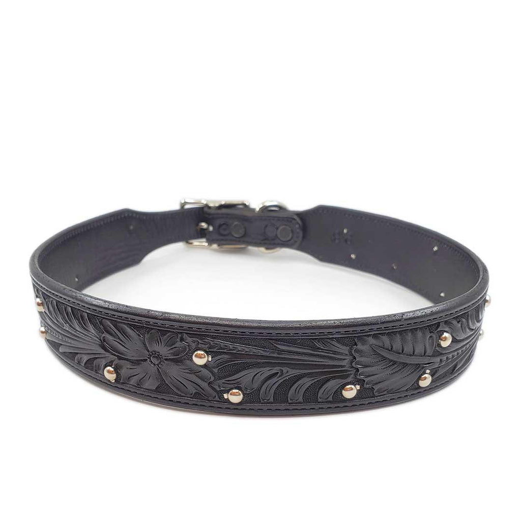 Dog Collar - XL - Black Tooled with Silver Studs by Greenbelts