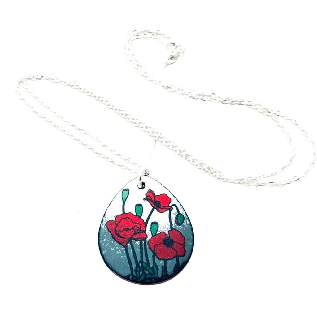 Necklace - Teardrop Pendant (Poppies on Grey and White) by Magpie Mouse Studios