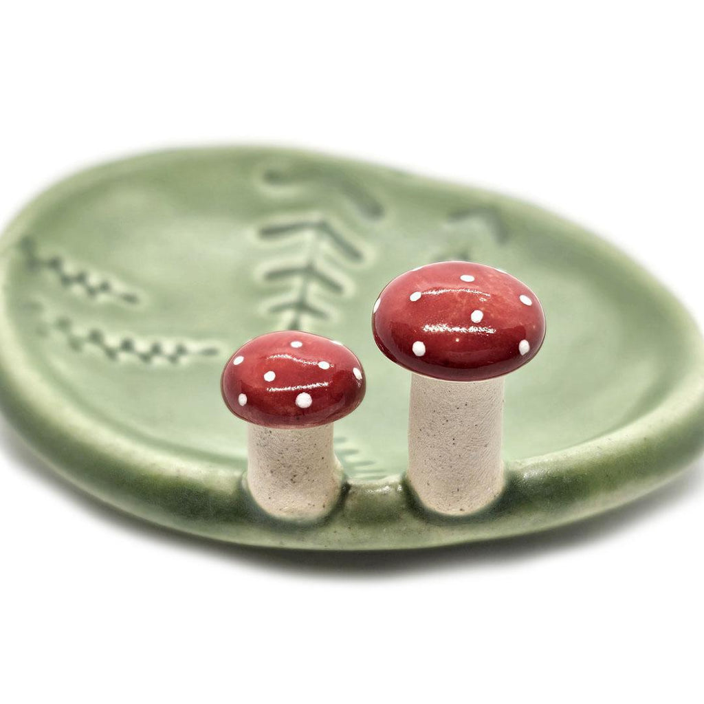 Oval Ring Dish - Red Mushrooms and Fern Fronds (Green) by Tasha McKelvey