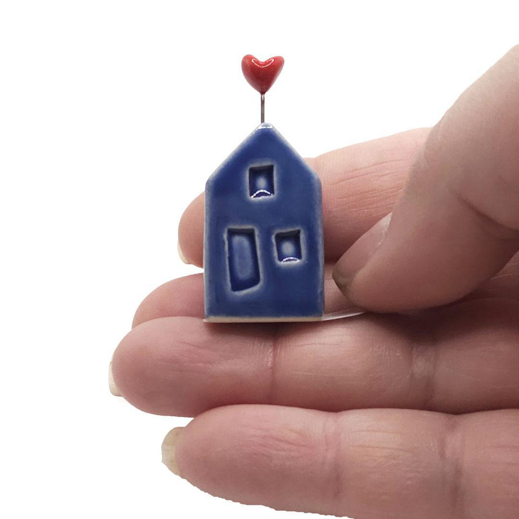 Tiny Pottery House - Dark Blue with Heart (Pink or Red) by Tasha McKelvey
