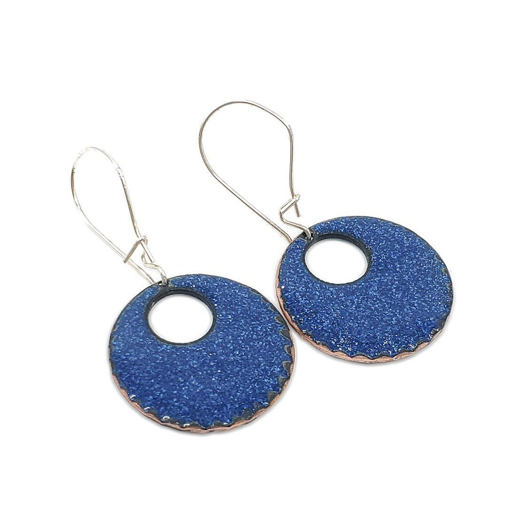 Earrings - Offset Circle (White Waves on Aegean Blue) by Magpie Mouse Studios