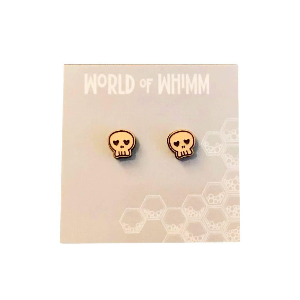 Earrings - Wooden Skull Posts by World Of Whimm