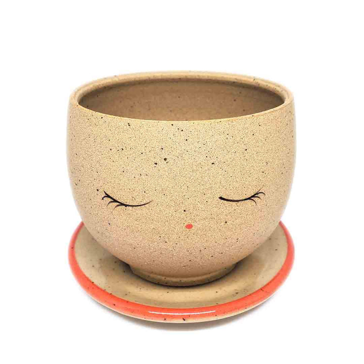 Planter - Peaceful Face (Red Saucer) by Jennifer Fujimoto