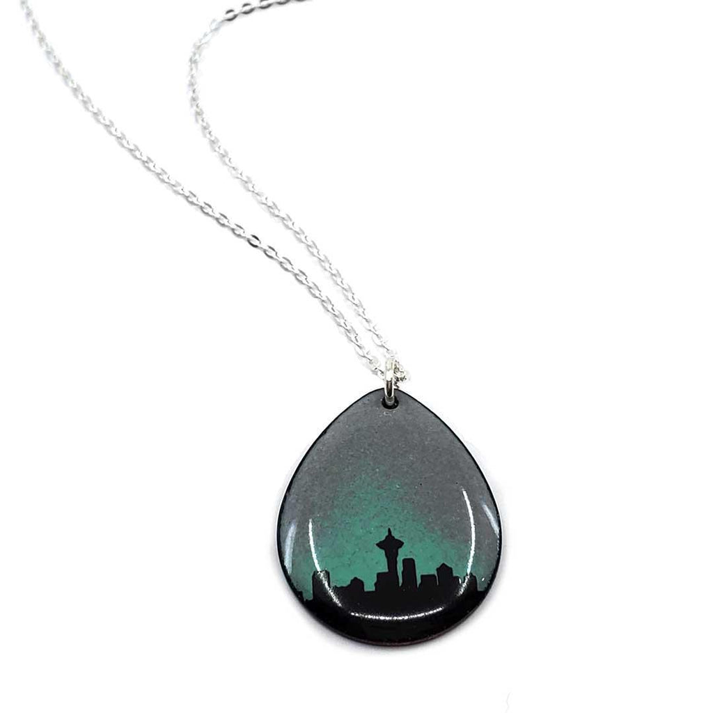 Necklace - Teardrop Seattle Skyline (Gray Turquoise) by Magpie Mouse Studios