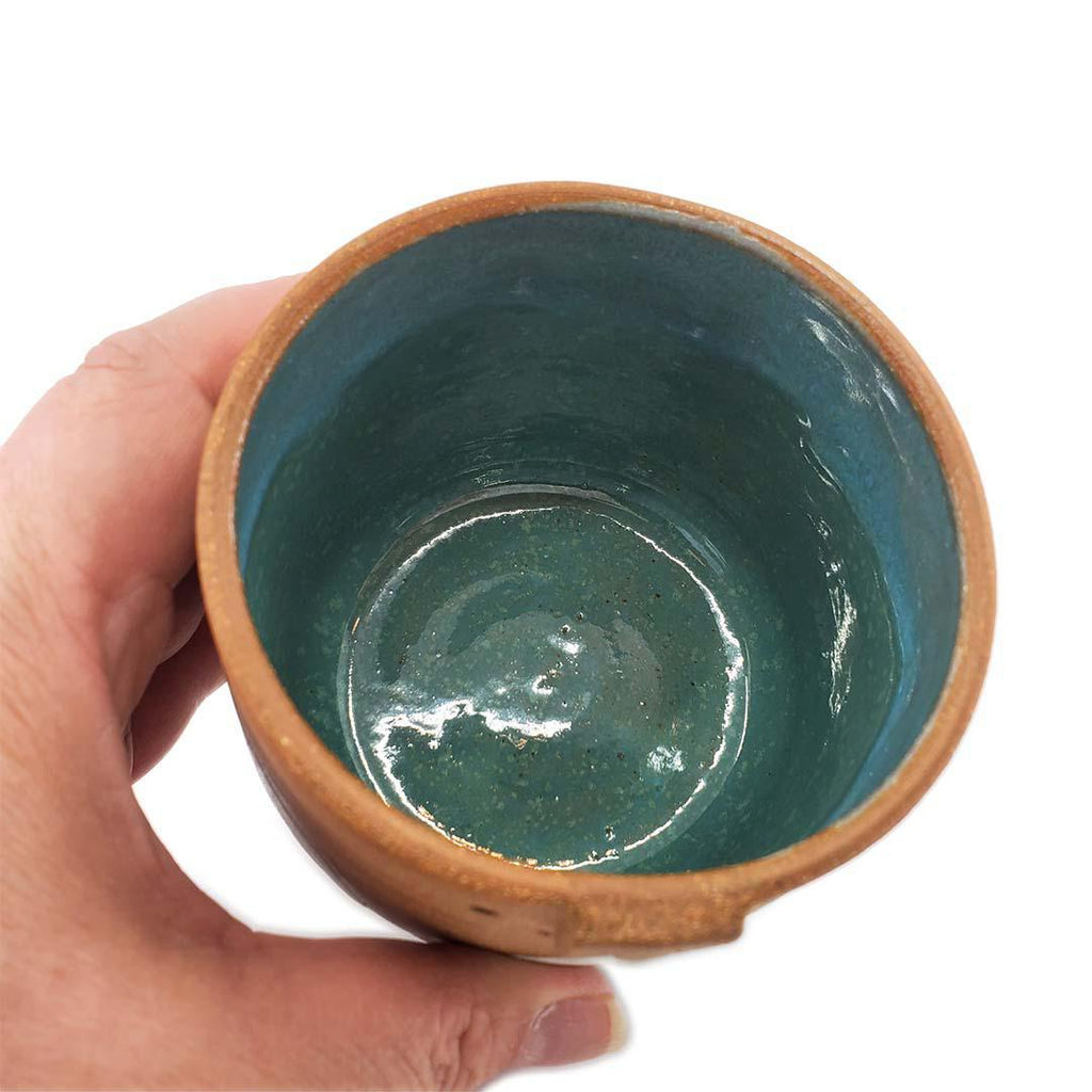 Friendly Pot -  M - Smiling with White Scallop Base Cachepot (Teal Interior) by Kathy Manzella Ceramics