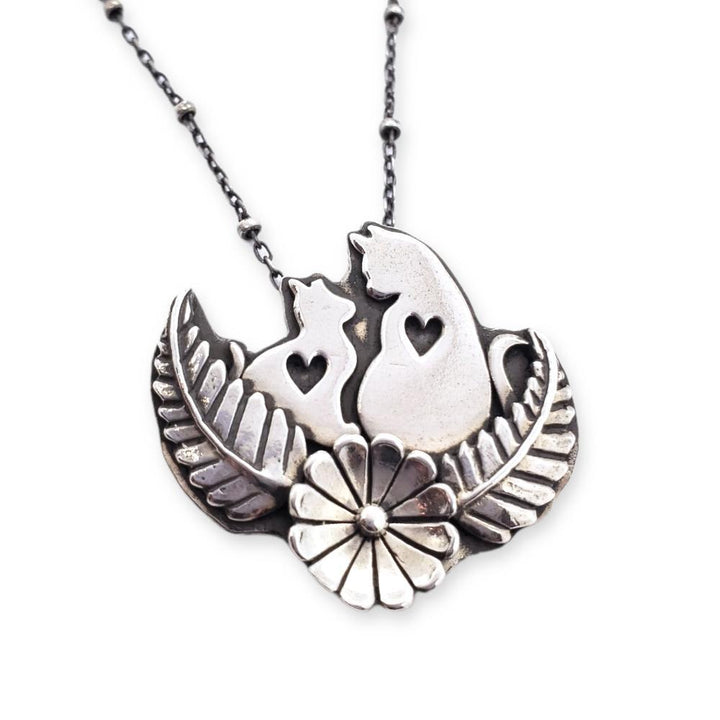 Necklace - Double Meow Cats by Wanderlust Silver