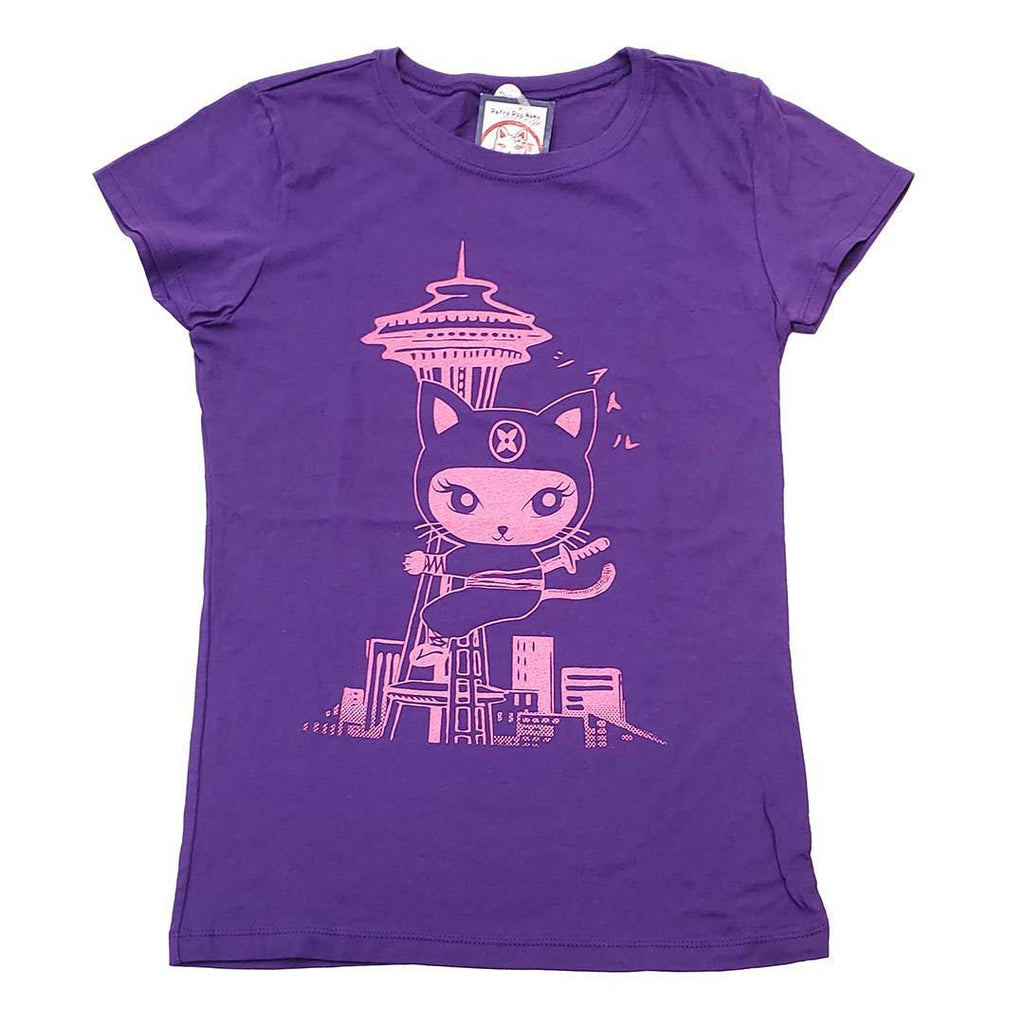 Kids Tee - Seattle Ninja Kitty Pink on Purple by Namu