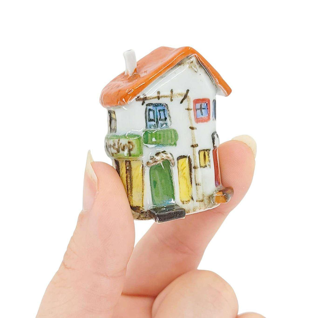 Collectible - Tiny House - Giftshop (White Walls, Orange Roof, Green Door) by Mist Ceramics