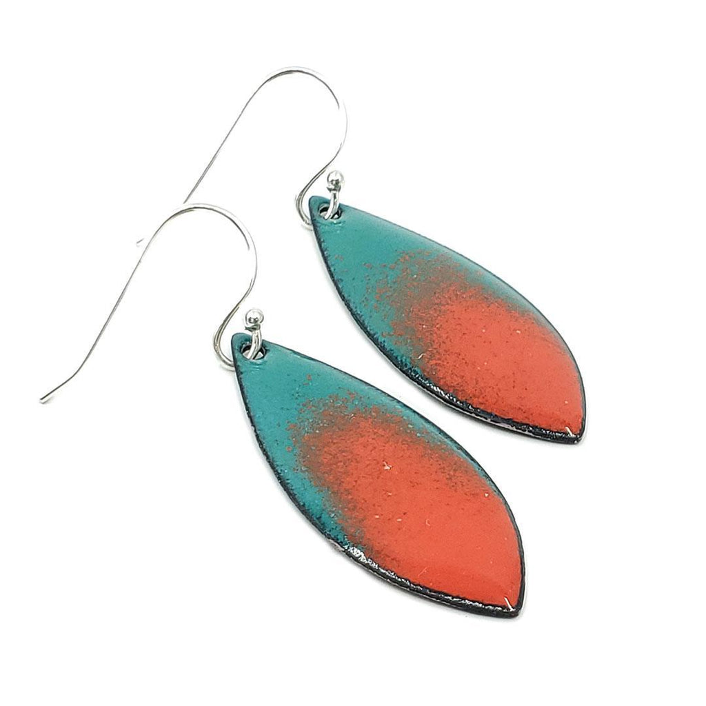 Earrings - Wide Leaf (Orange Splash on Deep Teal) by Magpie Mouse Studios