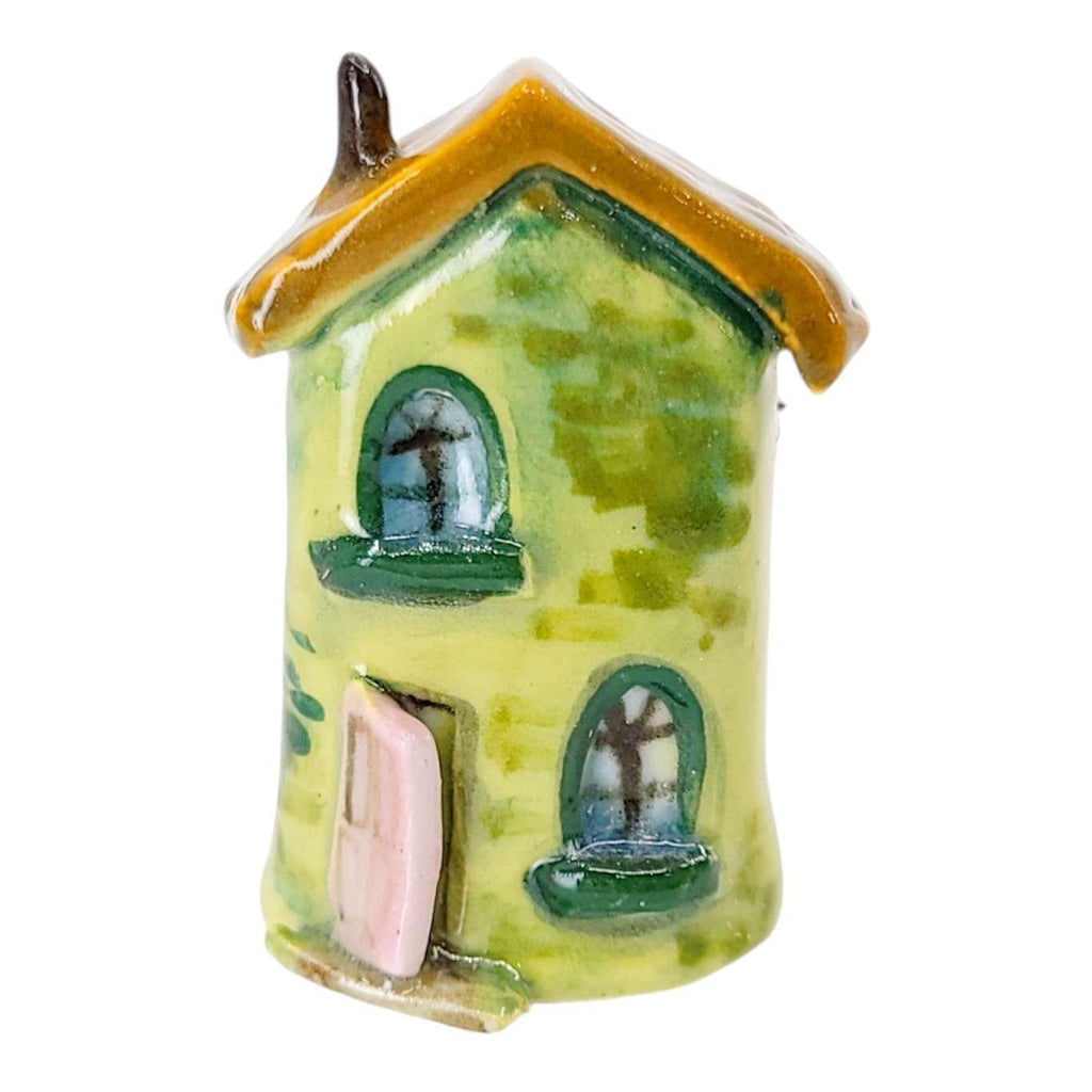 Tiny House - Green House Pink Door Light Brown Roof by Mist Ceramics