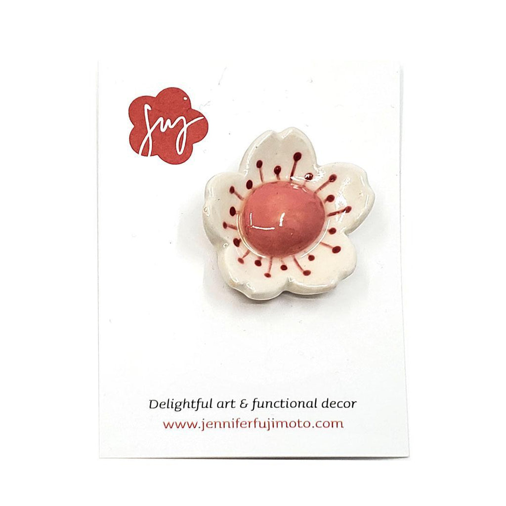 Ceramic Pin - White Sakura with Pink by Jennifer Fujimoto