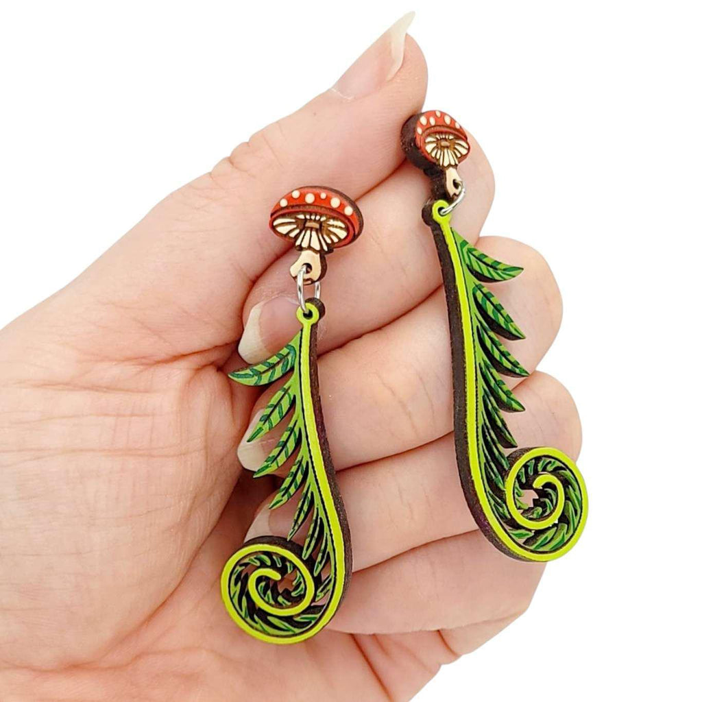 Earrings - Fiddlehead Fern and Mushroom (Post Dangles) by Fresh Cuttery