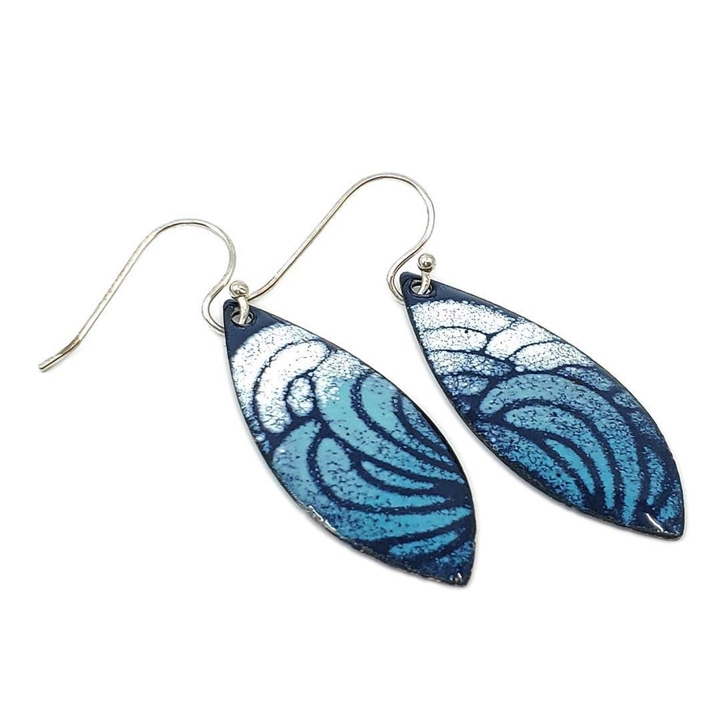 Earrings - Wide Leaf (Blue White Waves on Black) by Magpie Mouse Studios