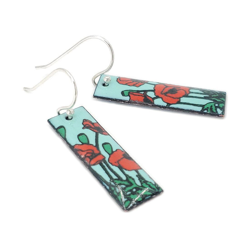 Earrings - Red Poppies Slim Rectangle (Turquoise) by Magpie Mouse