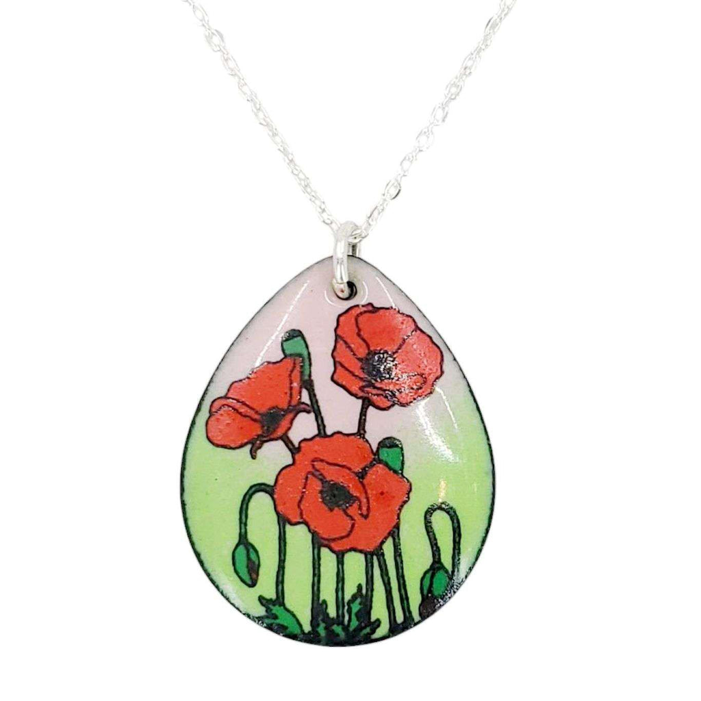 Necklace - Teardrop Pendant (Poppies on Pink Green) by Magpie Mouse Studios