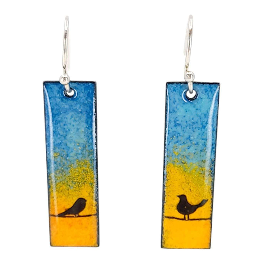 Earrings - Slim Rectangle Birds on Orange and Blue Background by Magpie Mouse Studios